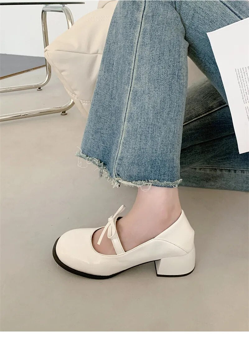 Advbridge Elegant Mary Jane Pumps Woman High Heels Shoes Leather Casual Shoes Women Square Heeled Shoes Ladies Sweet Style Lolita Shoes