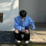 Advbridge Spring Clothing Men's Leisure Striped Zipper Short Shirt Jacket  Korean Sky Blue Harajuku Long Sleeve Light Luxury Coats