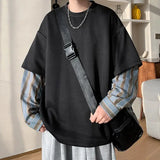Advbridg  M-XXXXXL Plus Size Men's Fake Two-Piece Crew Neck Sweatshirt - Oversized Fit Trendy Layered Look Striped Long Sleeve Clothing