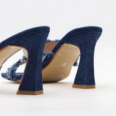 ADVBRIDGE  -  Luxury Design Crystal Rhinestone Women Slippers Sandal Blue Denim Summer 8CM Slides High Heels Sexy Square Toe Party Dress Shoes