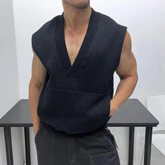 Advbridge Mens Sleeveless Knitted Vest Genderless Youth Trendy Personalized Fashion Simple Loose Solid Color Fitness V-Neck Vest Unisex