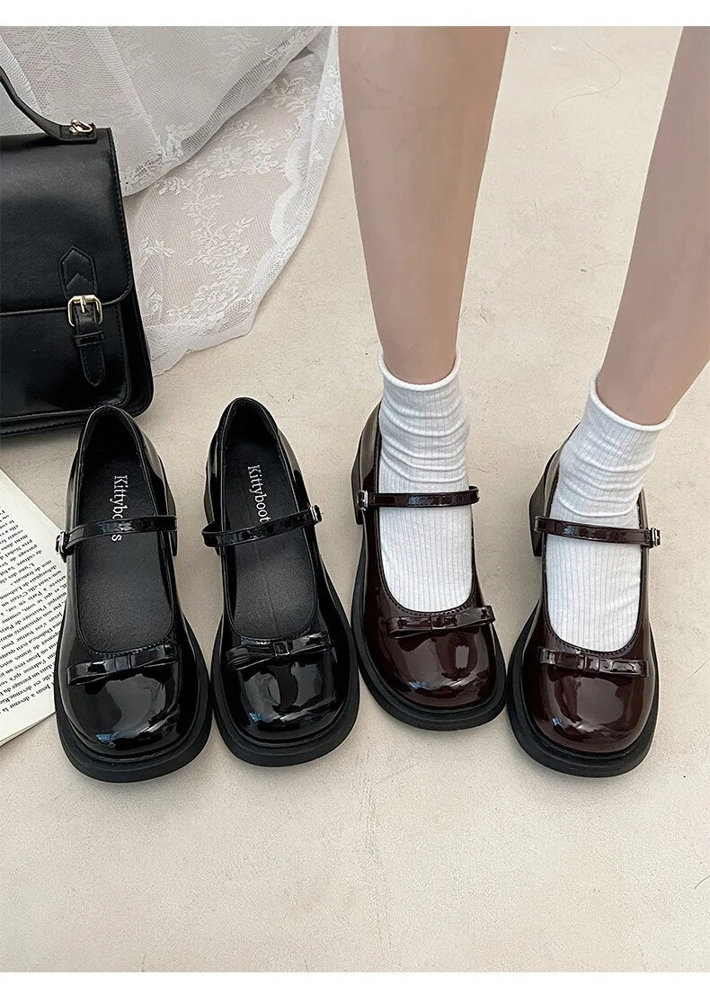 Advbridge Vintage High Heel Mary Jane Shoes for Women New Summer Bow Brown Round Head English Style Small Leather Shoes