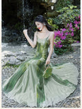 ADVBRIDGE  -  French Fashion Evening Dresses Women Retro New Chinese Style Ink Print Patchwork V-neck Elegant Sling Dress Summer Green Vestido