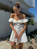 Advbridge White Lace Cotton Dress V Neck Off Shoulder Sexy Beach Short Dress Summer Women Buttons Cut Out Mini Beach Sundress 2024
