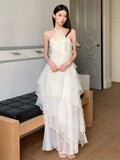 ADVBRIDGE  -  French Style Chic Hanging Neck Dress Women Elegant Flower Off Shoulder Sexy Ruffle Fashion Vestido Casual Apricot Dresses Summer
