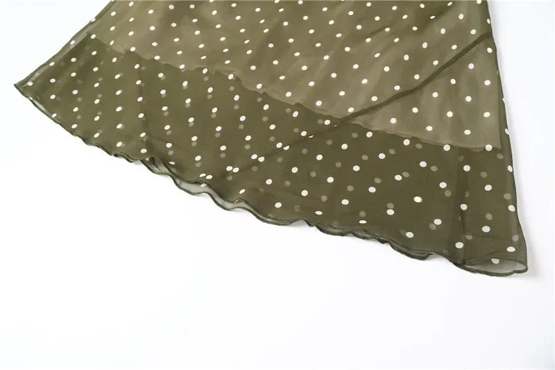 ADVBRIDGE  -  Summer Fashion Green Polka Dot Dress Women French Retro Elegant Slim Long Womens Dresses V-neck Sleeveless Silk Vestido