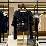 Advbridge Chic Black Short Jacket Women's 2025 Autumn New Letter Belt Top Lady High-end Shoulder Outwear Single-breasted Clothing Coat Y2K