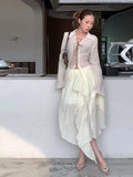 ADVBRIDGE  -  Lace Up V-Neck Shirt Ruffle Skirt Women Set Strings Lapel Sexy Waist Cinched Slimming Blouse Top Irregular Long Skirts Suit New