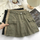 Advbridge Women Army Green Short Skirt Denim Cargo Drawstring High Waist Mini Skirts Female Y2K Streetwear Big Pocket A-Line Skirts Clothe