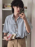 ADVBRIDGE  -  Men's Short Sleeve Striped Shirts New 2025 Summer Loose Single Breasted Casual Turn-down Collar Korean Trendy Top