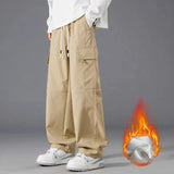 ADVBRIDGE  -  Men's Clothing Elastic Cargo Straight Trousers Solid Color High Waist Pockets Spring Autumn Drawstring Casual Loose Pants