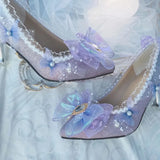 Advbridge Court Retro Style Sweet Lolita Cosplay Flower Wedding Elegant Tea Party Girl Bow Pearl Lace 6cm Purple Dream High Heeled Shoes