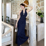 ADVBRIDGE  -  French Style Lace Halter V-neck Floral Dresses for Women Summer Blue Print Sweet Retro Long Dress Lady Casual Vacation Vestidos