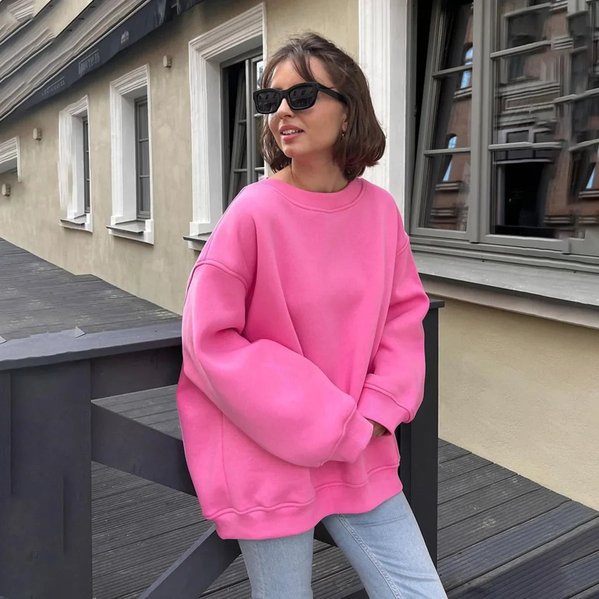 Advbridge Fashionable Round Neck Loose Sweatshirt for Women Autumn and Winter Solid Color Oversize Polar Fleece Pullover Sweatshirt