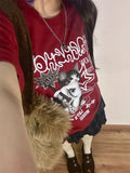 Advbridge Kawaii Cat Printed Red T-shirts Women Harajuku Oversized Punk Style Tops Cute Graphic Short Sleeve Tees Cotton Casual