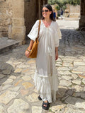 ADVBRIDGE  -  Fringed Lace Up Long Dress Ruffle Pleated Slit Tassel Baggy Slimming Fashion Layered Robes Vacation Beach Women Maxi Dresses New