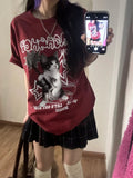 Advbridge Kawaii Cat Printed Red T-shirts Women Harajuku Oversized Punk Style Tops Cute Graphic Short Sleeve Tees Cotton Casual