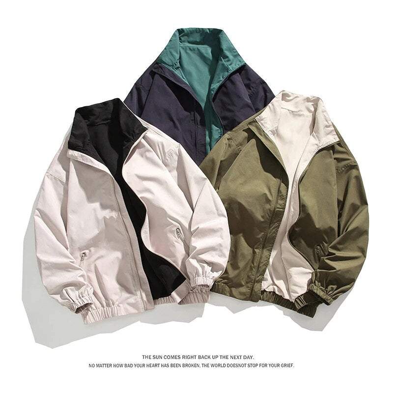 Advbridge Spring Summer Men's Windbreaker Tooling Outdoor Sports Jacket  Double-Sided Wear Stand-up Collar Casual Loose Oversize Coat