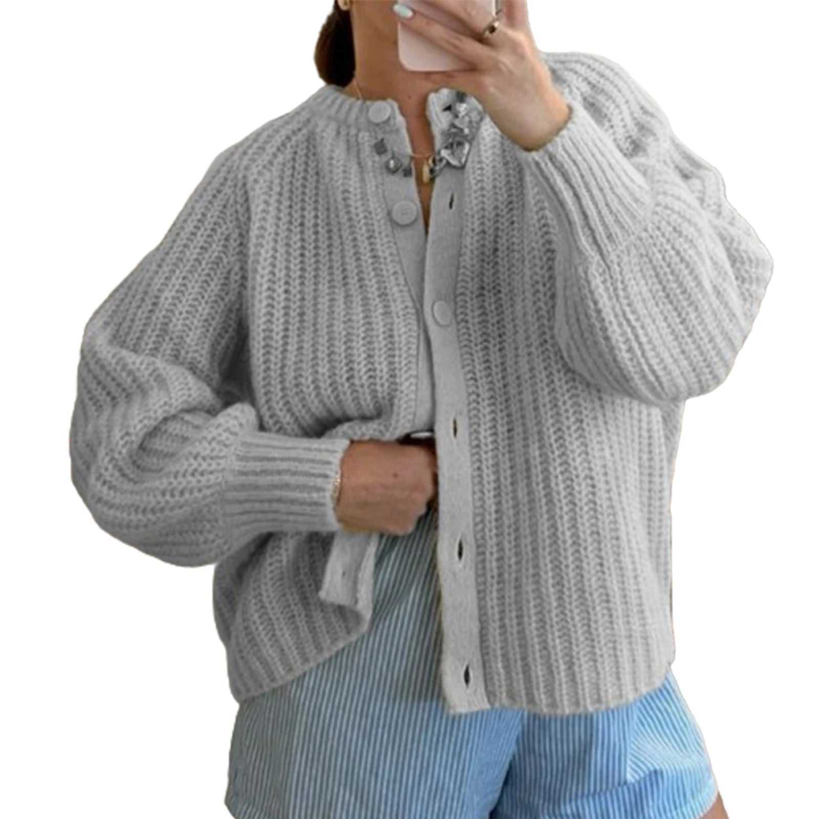 Advbridge Women's Y2 Kawaii Cute Loose Fit Sweater Cardigan Solid Color Crew Neck Long Sleeve Button Down Casual Knitwear Tops