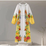 ADVBRIDGE  -  Print Linen Dress Women Elegant Loose Lace Up V Neck Vintage Vestidos Female 2024 Summer Long Sleeves Fashion High Waist Robe