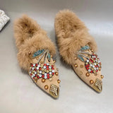 Advbridge New Rabbit Fur Pearl Multi Cystal Cherry Fox Flats Loafers Crystal Studs pointy toe Winter Fur Causal Shoes Woman Footwear