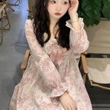 Advbridge Long Sleeve Midi Dress Women Sweet Princess Girls Floral Print Flattering Waist Bow Square Collar Spring Design Elegant Temper