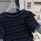 Advbridge Shirts for Women Knit Tshirts  Ropa Mujer Short Sleeve O-neck Striped T Shirts Y2k Tops Chic Casual Summer Tees Crop Top