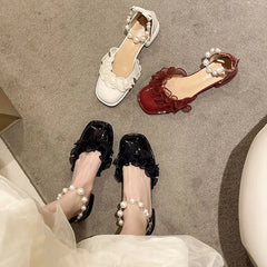 Advbridge Thick Heel Sandals Women's Summer New Pearl Button Soft Mary Jane Evening Style Single Shoe Women leather shoe 5cm red