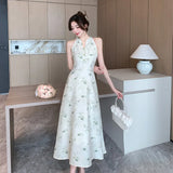 ADVBRIDGE  -  New Chinese Style Retro Dresses for Women Temperament Elegant Robe Summer Printed V-neck Nail Bead Chic Dress