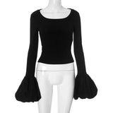 Advbridge Elegant Fashion Puff Sleeve T-shirts for Women Sexy Patchwork Slim Tops Autumn Winter O-neck Casual Shirts 2024 Streetwear