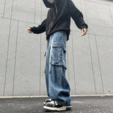 ADVBRIDGE  -  Fashion Big Pocket Men's Cargo Jeans Korean Streetwear Classic Blue Black Denim Trousers Elastic Waist Male Wide Leg Pants