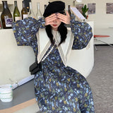 Advbridge  Chic French Vintage Robes Lace Splicing Point Collar Floral Dresses Loose Puff Sleeve Long Dress Female Fashion Vestido