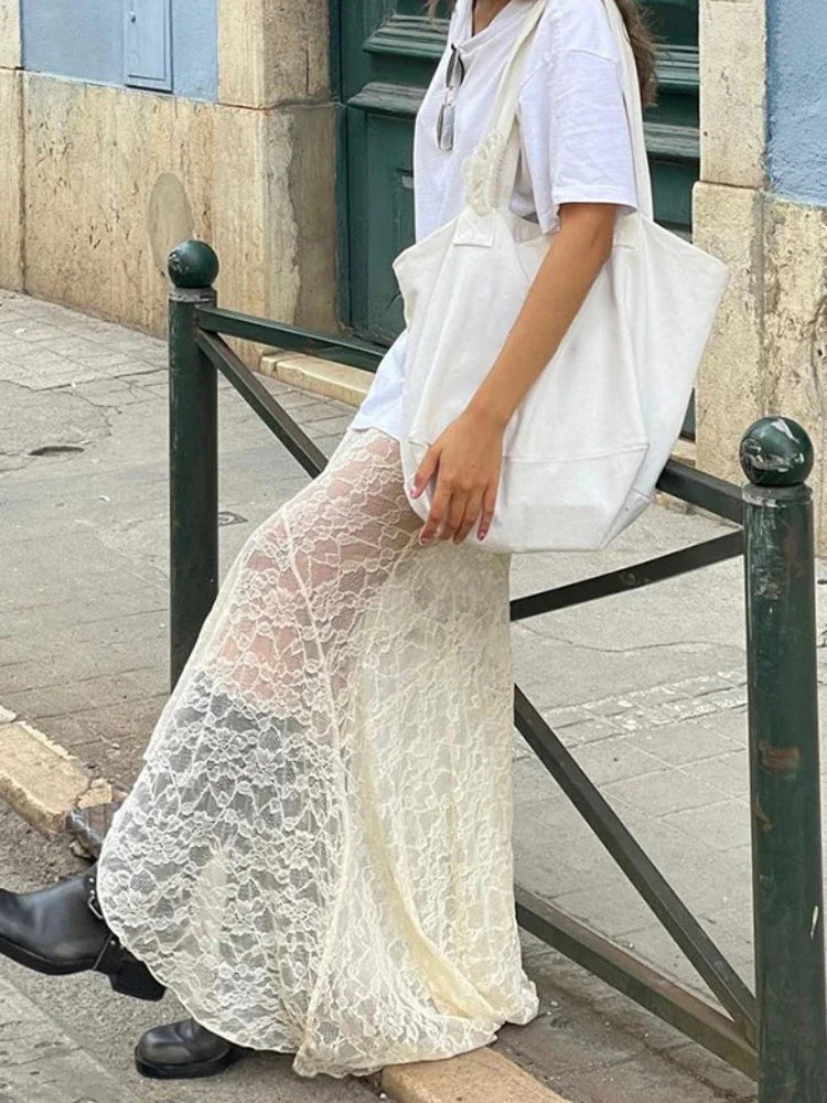 Advbridge Lace Mesh Splice Long Skirts For Women See Through Sexy High Waist Maxi Skirt Femme Club Hollow Out Skirts Ladies