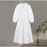ADVBRIDGE  -  Elegant Lace Hollow Out Women's Long Dress Solid V-neck Patchwork Puff Sleeve Bodycon Dressess Female 2025 Spring New Lady Robes