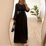 Advbridge Women Simple Solid Color Long Sleeve Dress Elegant O Neck Big Hem Pleated Dress Fashion High Waist Hollow Backless Lace-up Dress