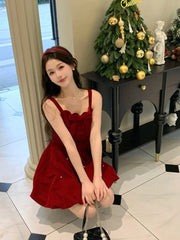 Advbridge -  French Sweet Hot Girl Butterfly Red Velvet Strap Dress for Women's Winter Christmas Fluffy Princess Dress Fashion Female Clothes