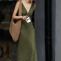 ADVBRIDGE  -  Summer Fashion Green Polka Dot Dress Women French Retro Elegant Slim Long Womens Dresses V-neck Sleeveless Silk Vestido