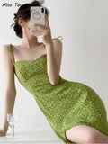Advbridge Summer Split Floral Sexy Strap Dress Women Chiffon Skinny Elegant Midi Dress Female Korean Fashion Backless Slim Fit Dress 2024
