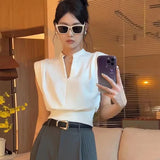 Advbridge White Elegant V Neck Blouses Women Korean Chic Folds Sleeveless Shirts Fashion Office Lady Casual All Match Crop Tops New