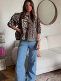 Advbridge Women Chic Print Leopard Lace Up Shirts Blouses O-neck Hollow Out Lantern Short Sleeve Cropped Tops Lady 2024 Summer Streetwear