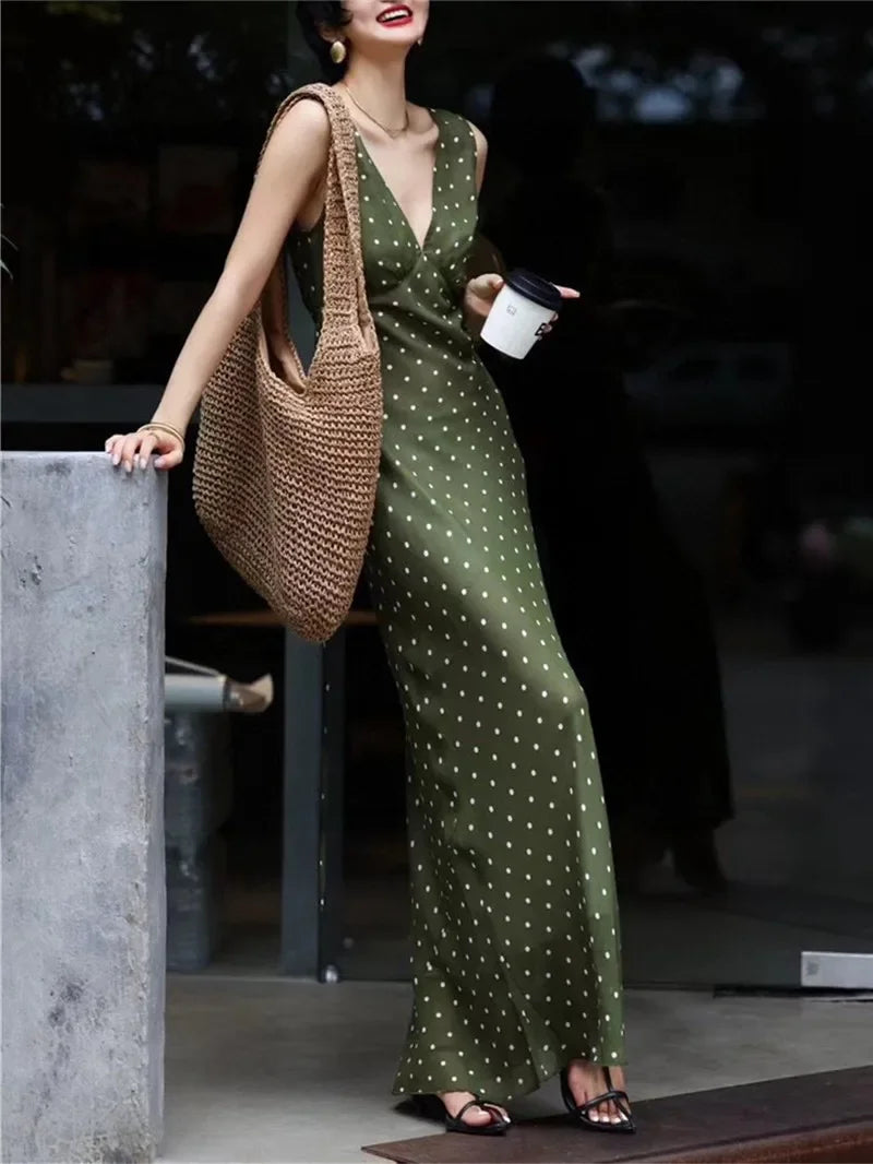 ADVBRIDGE  -  Summer Fashion Green Polka Dot Dress Women French Retro Elegant Slim Long Womens Dresses V-neck Sleeveless Silk Vestido