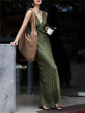 ADVBRIDGE  -  Summer Fashion Green Polka Dot Dress Women French Retro Elegant Slim Long Womens Dresses V-neck Sleeveless Silk Vestido