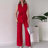 ADVBRIDGE  -  Office Lady Group Of Pants Set Elegant V Neck Sleeveless Blazer&Trousers Two Piece Outfits Summer Slim Lace-up Temperament Suit