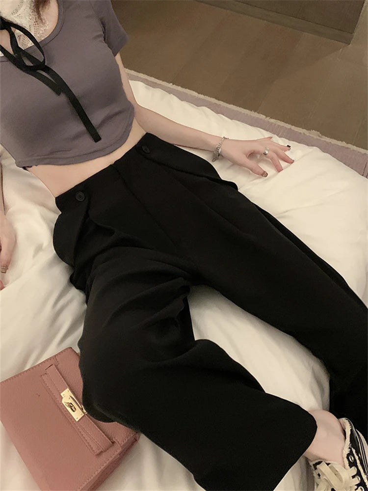 Advbridge  -  Women's Wide Leg Casual Black Suit Pants Fashion Commuter Office Girl Temperament Female High Waisted Straight Thin Trousers