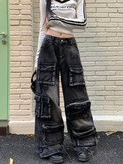 Advbridge Women's Black Gothic Cargo Baggy Jeans Y2K Japanese Harajuku Streetwear Retro 90s Aesthetics Wide Leg Jeans Pants Clothing 2025