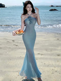 Advbridge Elegant Blue Mermaid Womens Dresses Sexy Halter Mesh Patchwork Party Dress Summer Spring Female Holiday Beach Vestidos Robe New