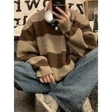 Advbridge Korean style patchwork striped sweater for men in autumn and winter lazy loose knitted sweater round neck retro trendy sweater