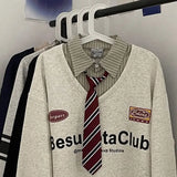 Advbridge Autumn Winter New Fake Two Pieces Sweatshirts Women Clothing Boys Vintage Turn-down Collar Casual Trend Letter Sweatshirts