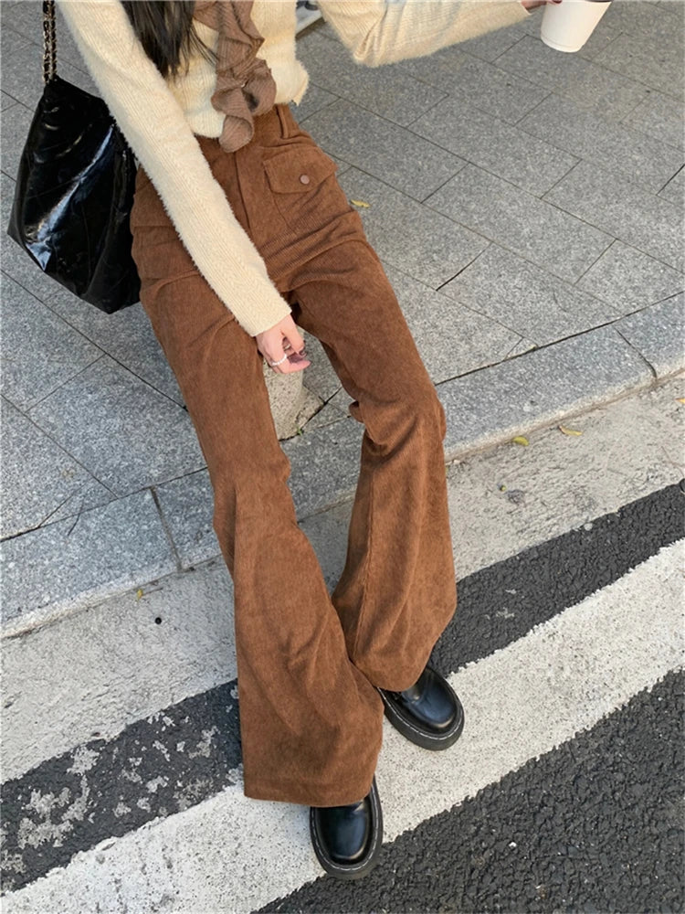 Advbridge  -  Women's Coffee Colored Corduroy Micro Flared Pants Street Style Fashion Female High Waisted Straight Wide Leg Trousers