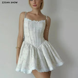 Advbridge Sweet White Floral Print Bow Sling Dress Women Spliced Lace Bow V neck Boning Slim Waist Swing A-line Sleeveless Dresses Robe